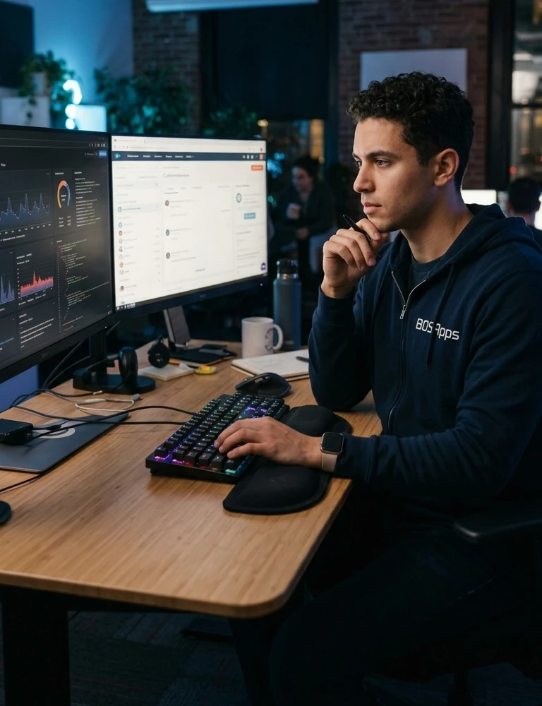 A 25-year-old male developer sits thoughtfully at a wooden desk in a dimly lit, modern office environment with ambient blue and warm lighting. He wears a dark navy zip-up hoodie featuring BOS Apps printed on the chest. He focuses intently on dual monitors displaying data dashboards, analytics charts, and code lines.